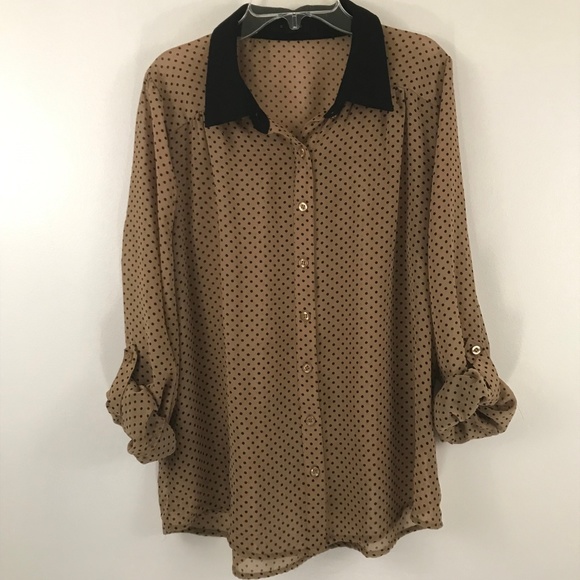 Mine Too Black Tan Polka Dot Button Down Top XL - Picture 5 of 8